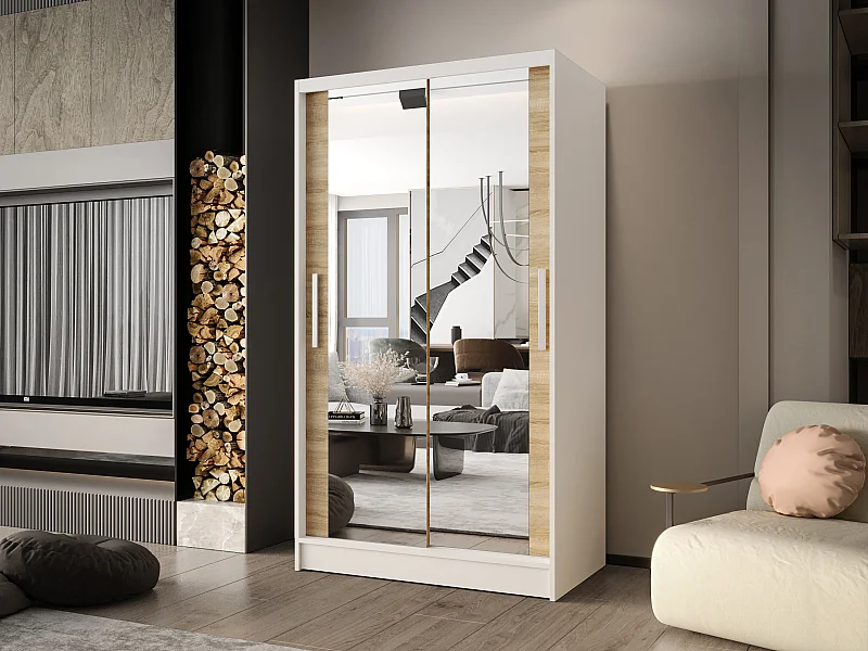 Zweitüriger Schiebeschrank mit Spiegel CHICAGO CA7, Regalböden und Kleiderstange (Weiß/Sonoma)