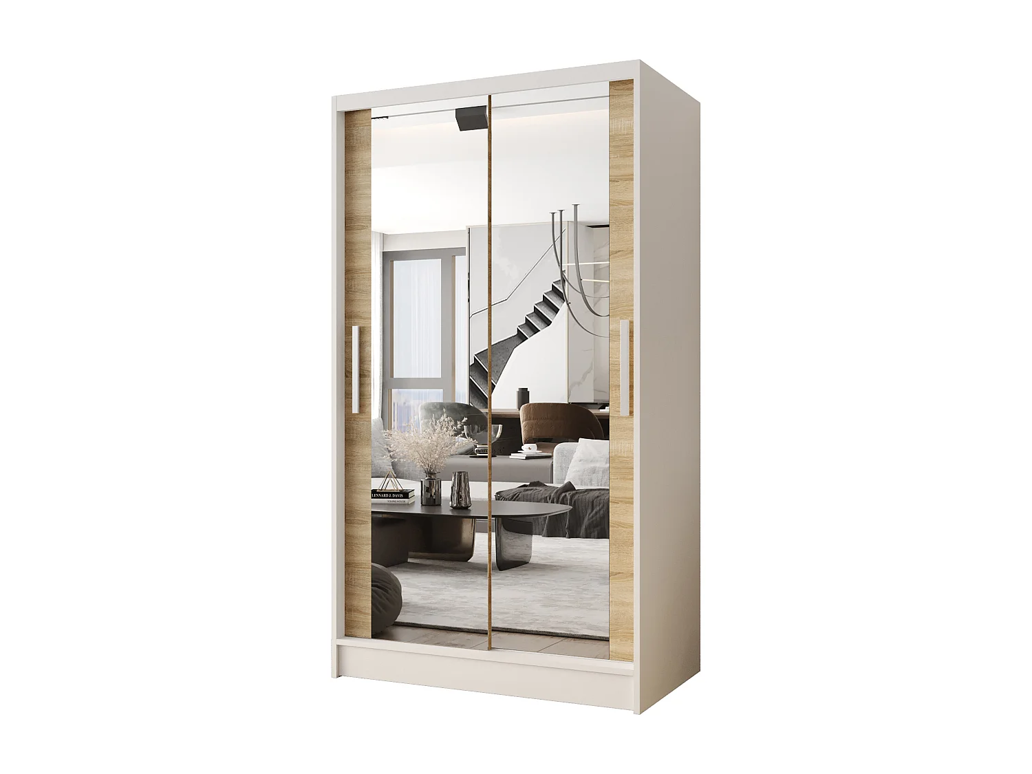 Zweitüriger Schiebeschrank mit Spiegel CHICAGO CA7, Regalböden und Kleiderstange (Weiß/Sonoma)