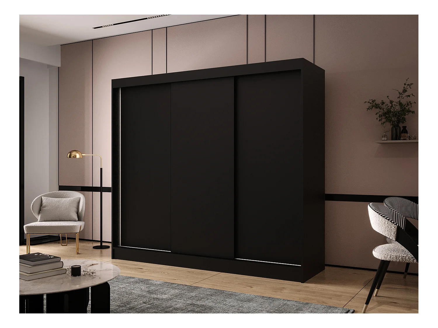 Dreitüriger Schiebeschrank DALLAS DY2, Regalböden und Kleiderstange (Schwarz)