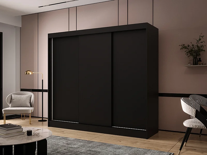 Dreitüriger Schiebeschrank DALLAS DY2, Regalböden und Kleiderstange (Schwarz)