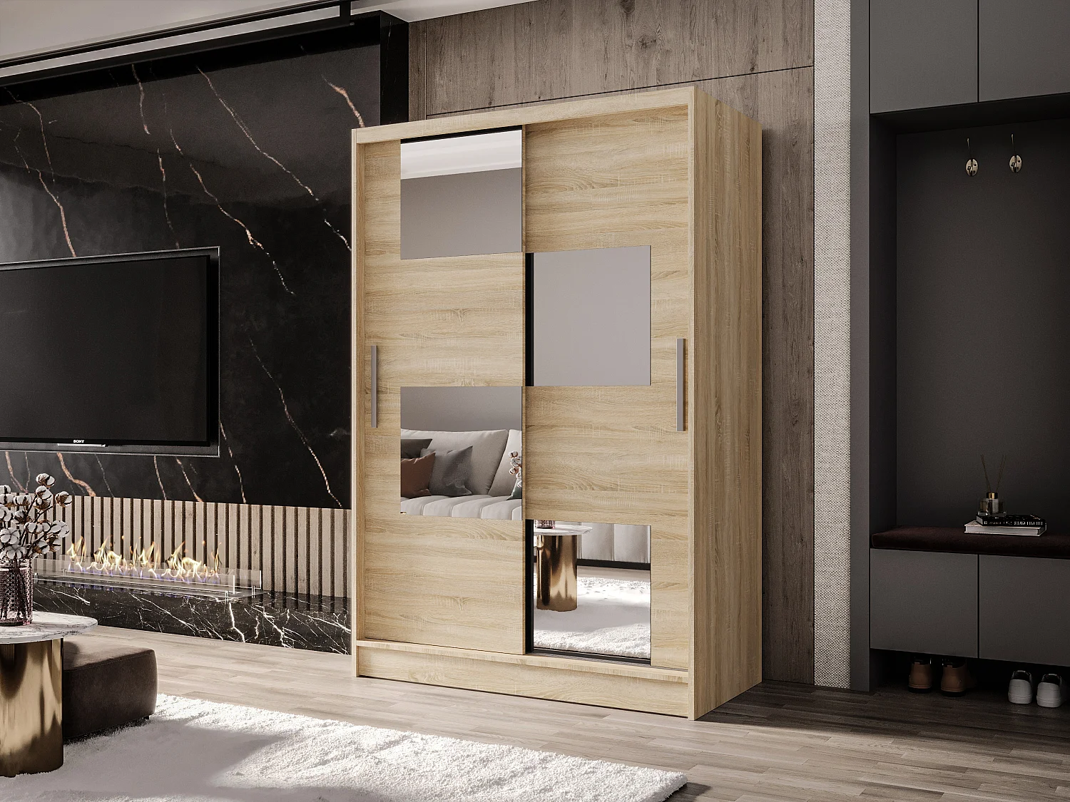 Zweitüriger Schiebeschrank mit Spiegel MESA M3 Sonoma mit Regalböden und Kleiderstange