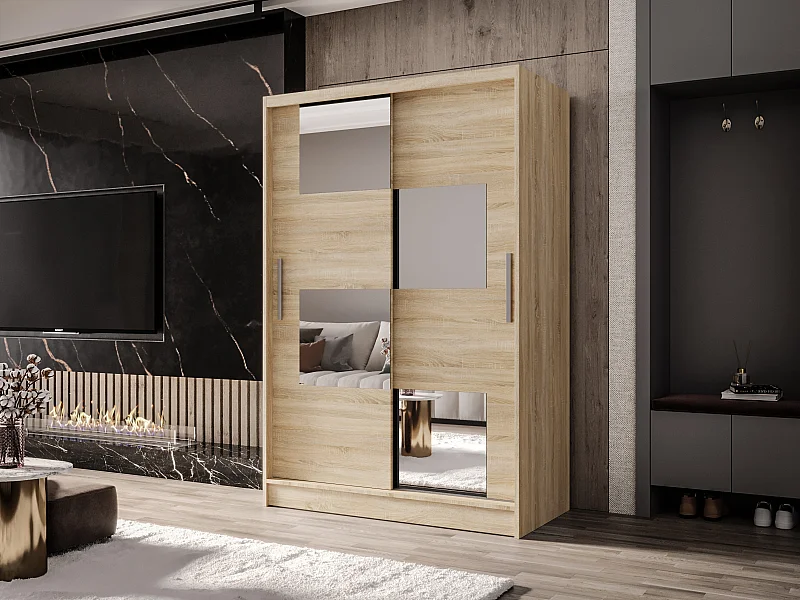 Zweitüriger Schiebeschrank mit Spiegel MESA M3 Sonoma mit Regalböden und Kleiderstange