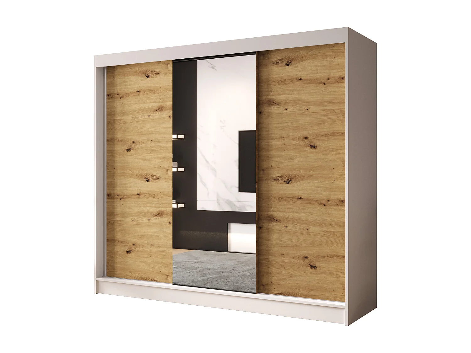 Dreitüriger Schiebeschrank mit Spiegel DALLAS DY1, Regalböden und Kleiderstange (Weiß/Artisan)