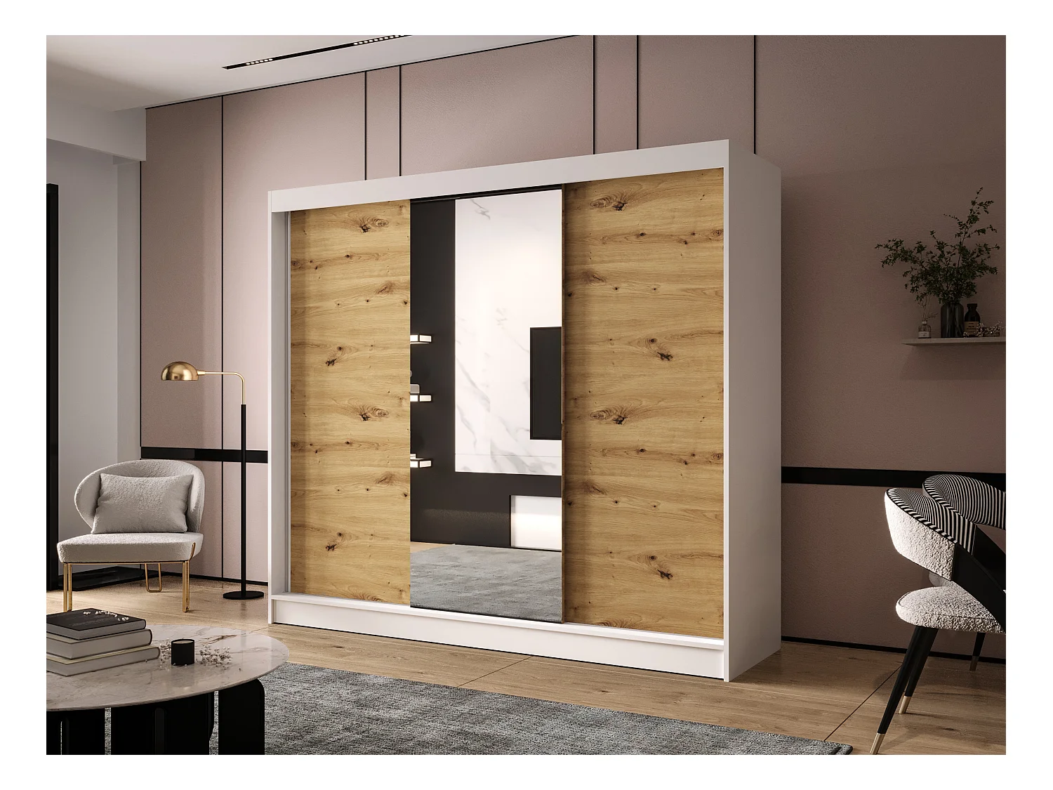 Dreitüriger Schiebeschrank mit Spiegel DALLAS DY1, Regalböden und Kleiderstange (Weiß/Artisan)