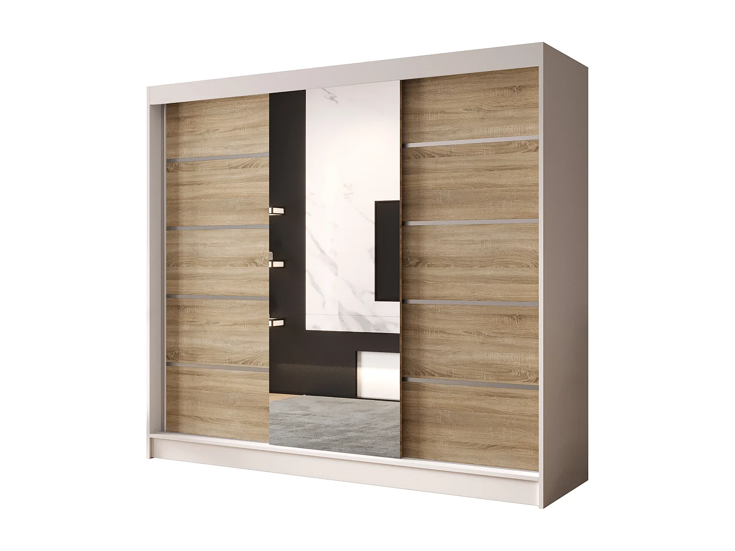 Dreitüriger Schiebeschrank mit Spiegel DALLAS DY6, Regalböden und Kleiderstange Weiß/Sonoma