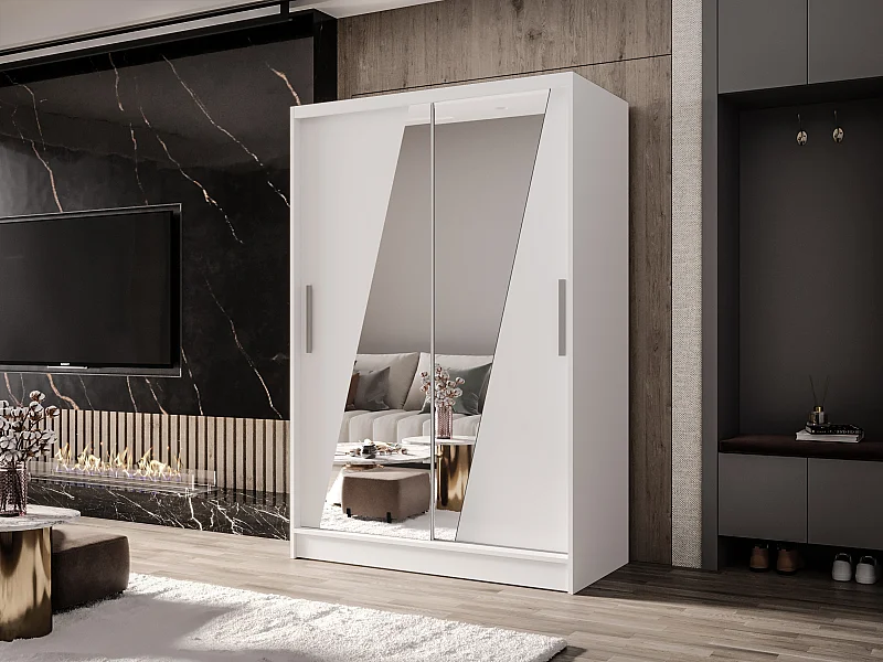 Zweitüriger Schiebeschrank mit Spiegel MESA M8 Weiß mit Regalböden und Kleiderstange