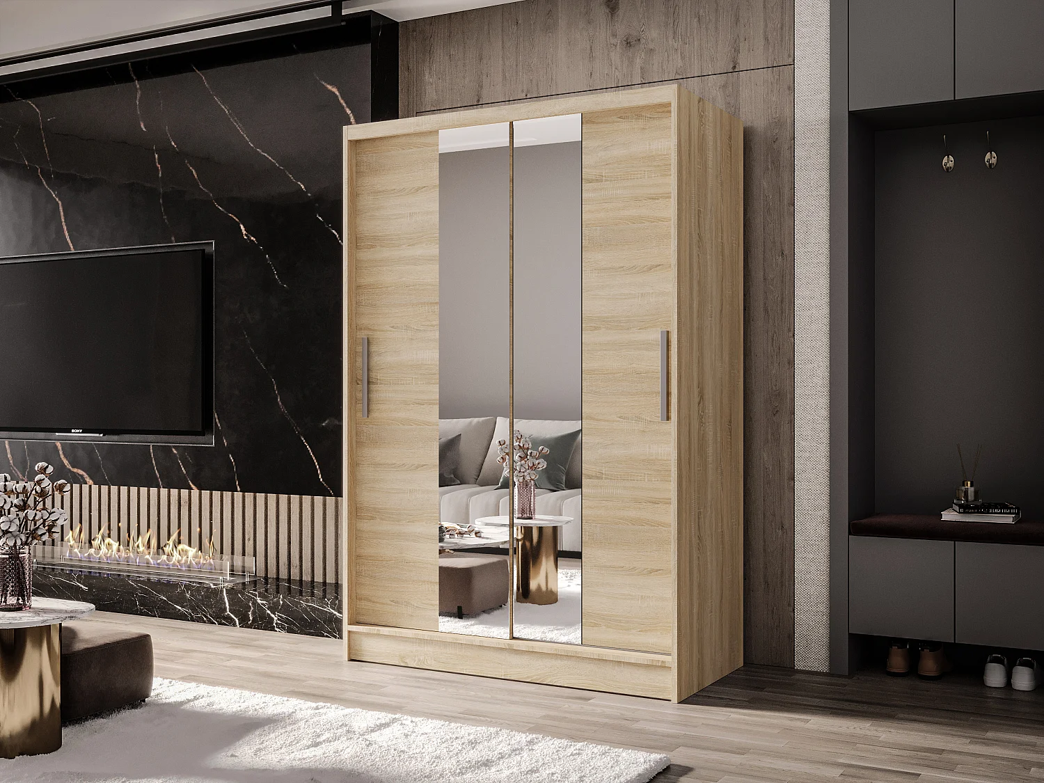 Zweitüriger Schiebeschrank mit Spiegel MESA M2 Sonoma mit Regalböden und Kleiderstange