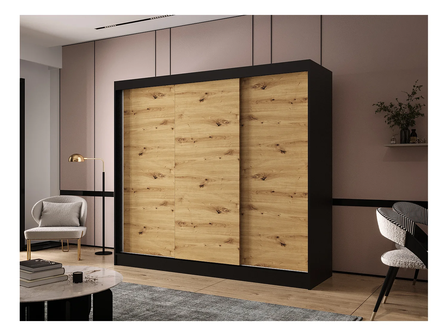 Dreitüriger Schiebeschrank DALLAS DY2, Regalböden und Kleiderstange (Schwarz/Artisan)