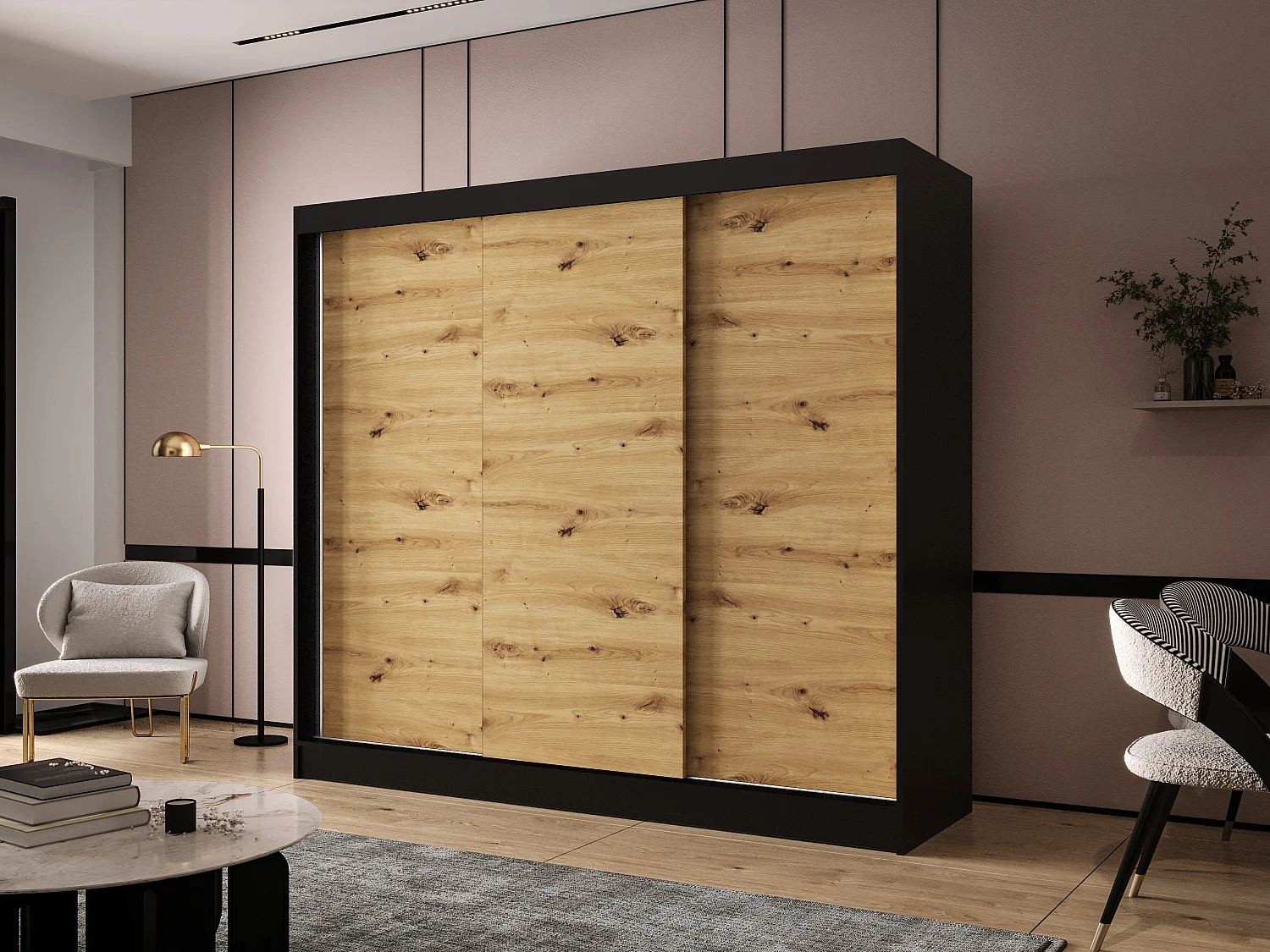 Dreitüriger Schiebeschrank DALLAS DY2, Regalböden und Kleiderstange (Schwarz/Artisan)