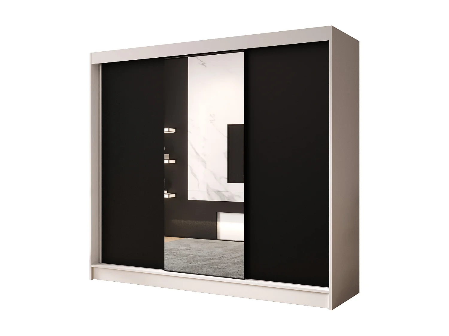 Dreitüriger Schiebeschrank mit Spiegel DALLAS DY1, Regalböden und Kleiderstange (Weiß/Schwarz)