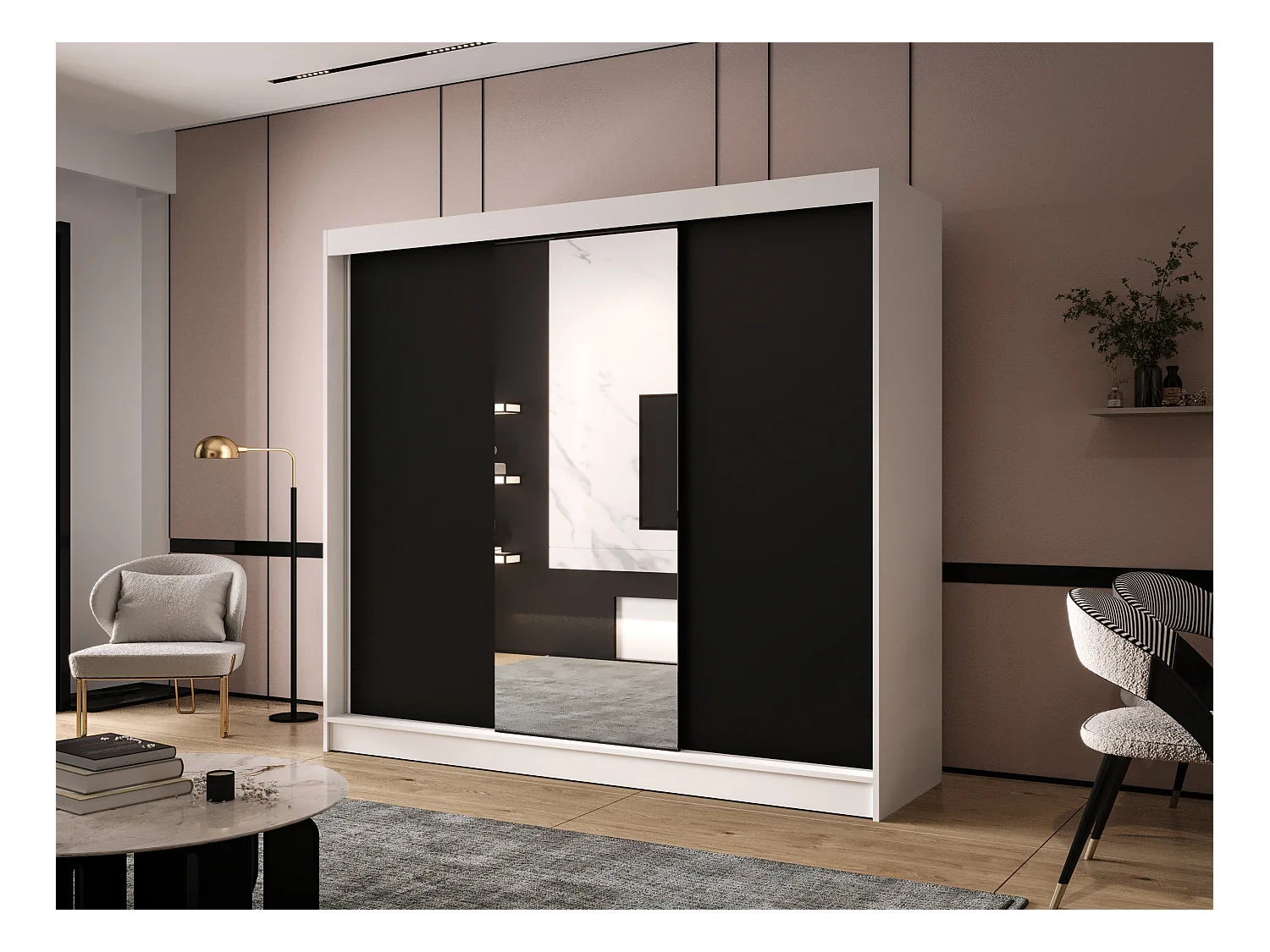 Dreitüriger Schiebeschrank mit Spiegel DALLAS DY1, Regalböden und Kleiderstange (Weiß/Schwarz)