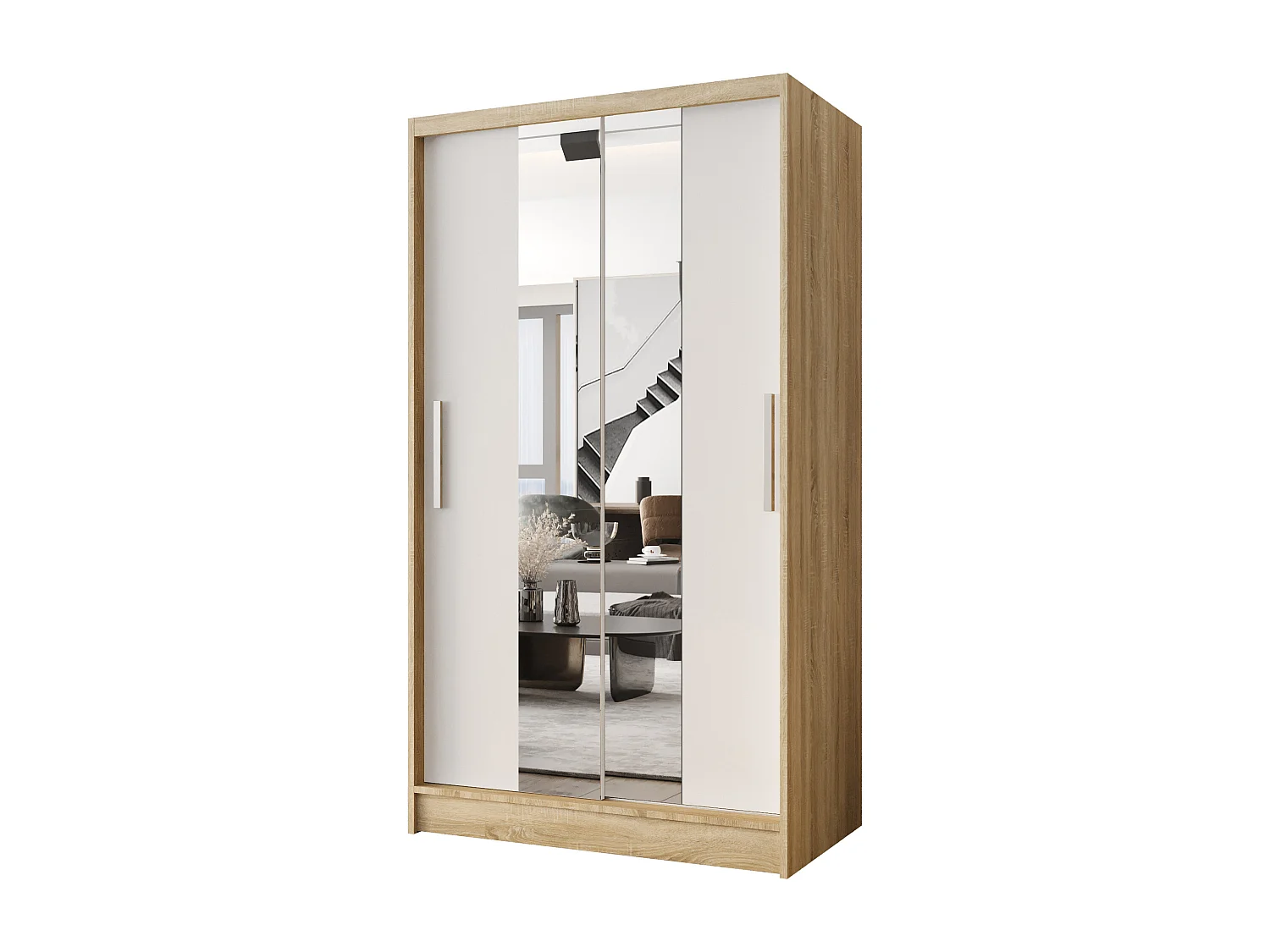 Zweitüriger Schiebeschrank mit Spiegel CHICAGO CA2, Regalböden und Kleiderstange (Sonoma/Weiß)