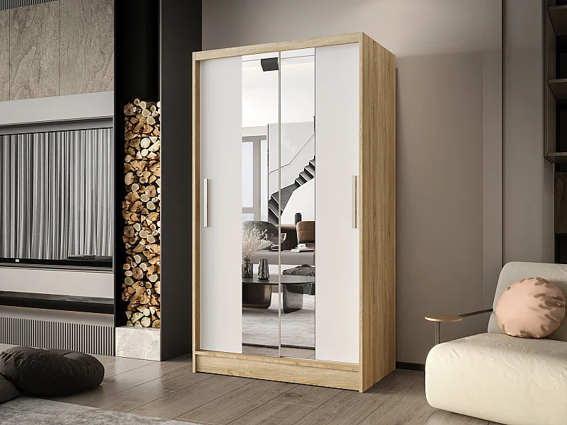 Zweitüriger Schiebeschrank mit Spiegel CHICAGO CA2, Regalböden und Kleiderstange (Sonoma/Weiß)