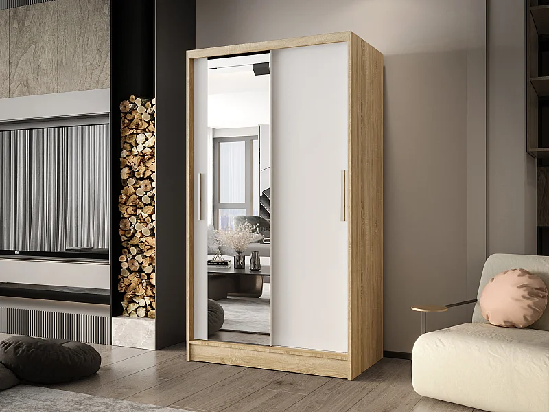 Zweitüriger Schiebeschrank mit Spiegel CHICAGO CA6, Regalböden und Kleiderstange (Sonoma/Weiß)