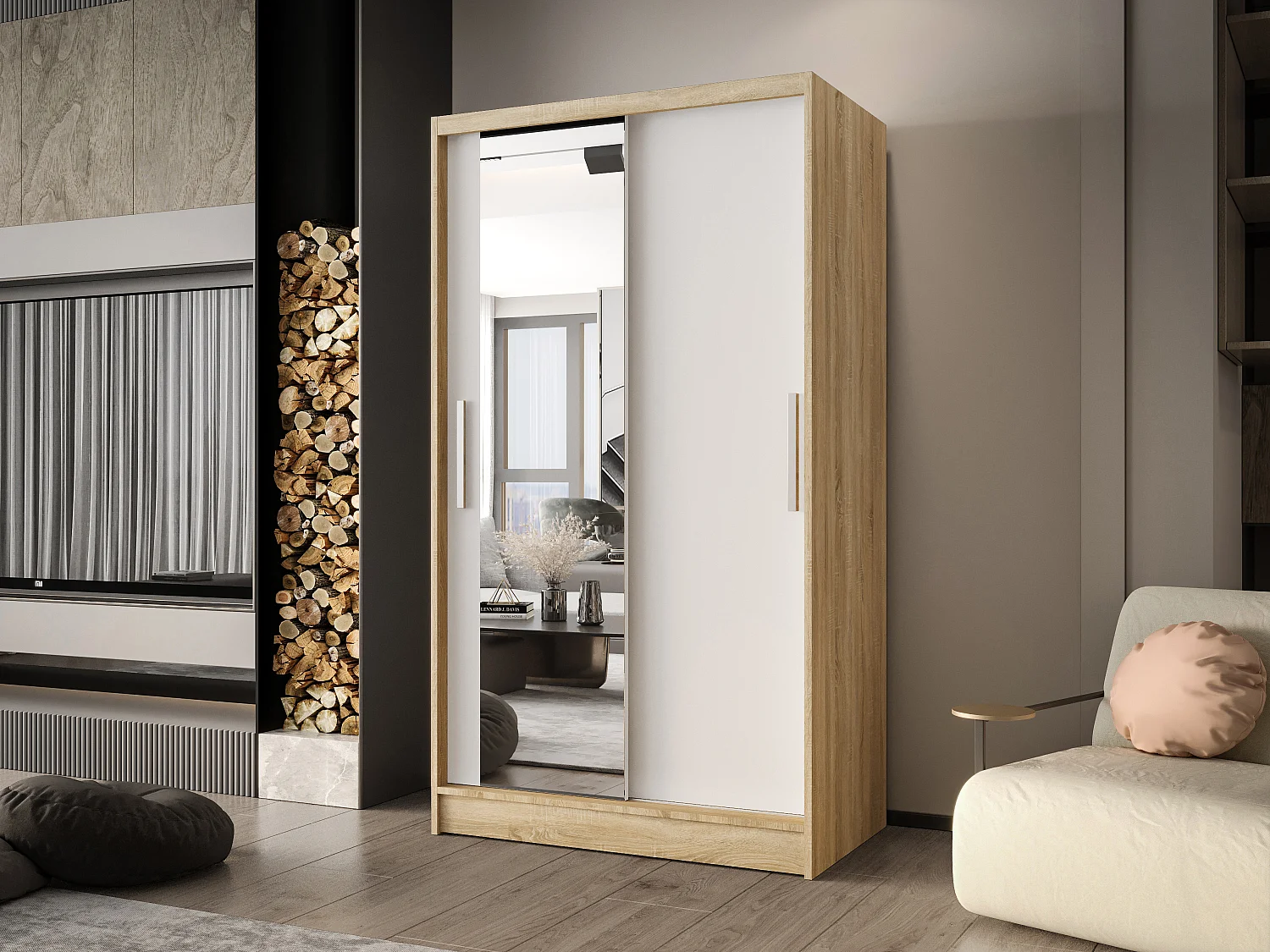 Zweitüriger Schiebeschrank mit Spiegel CHICAGO CA6, Regalböden und Kleiderstange (Sonoma/Weiß)