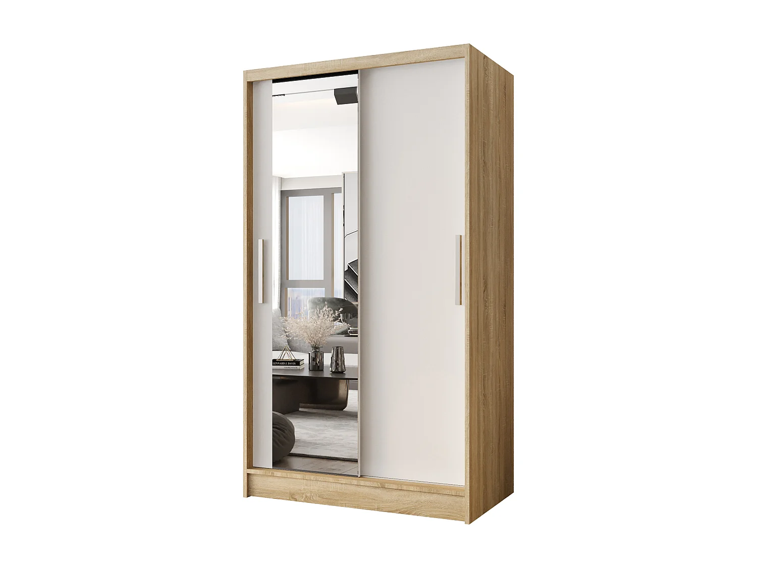 Zweitüriger Schiebeschrank mit Spiegel CHICAGO CA6, Regalböden und Kleiderstange (Sonoma/Weiß)