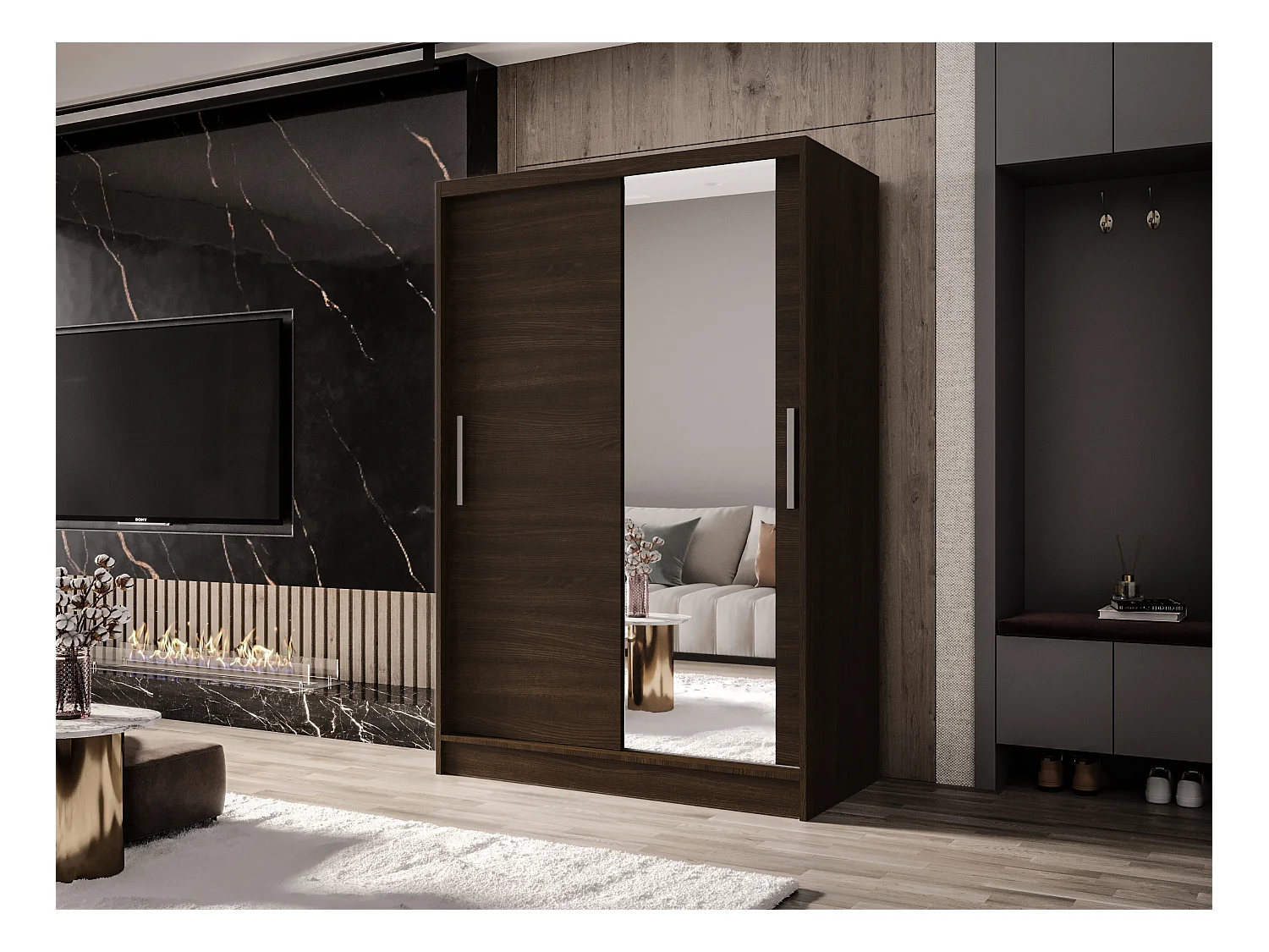 Zweitüriger Schiebeschrank mit Spiegel MESA M6 Choco mit Regalböden und Kleiderstange