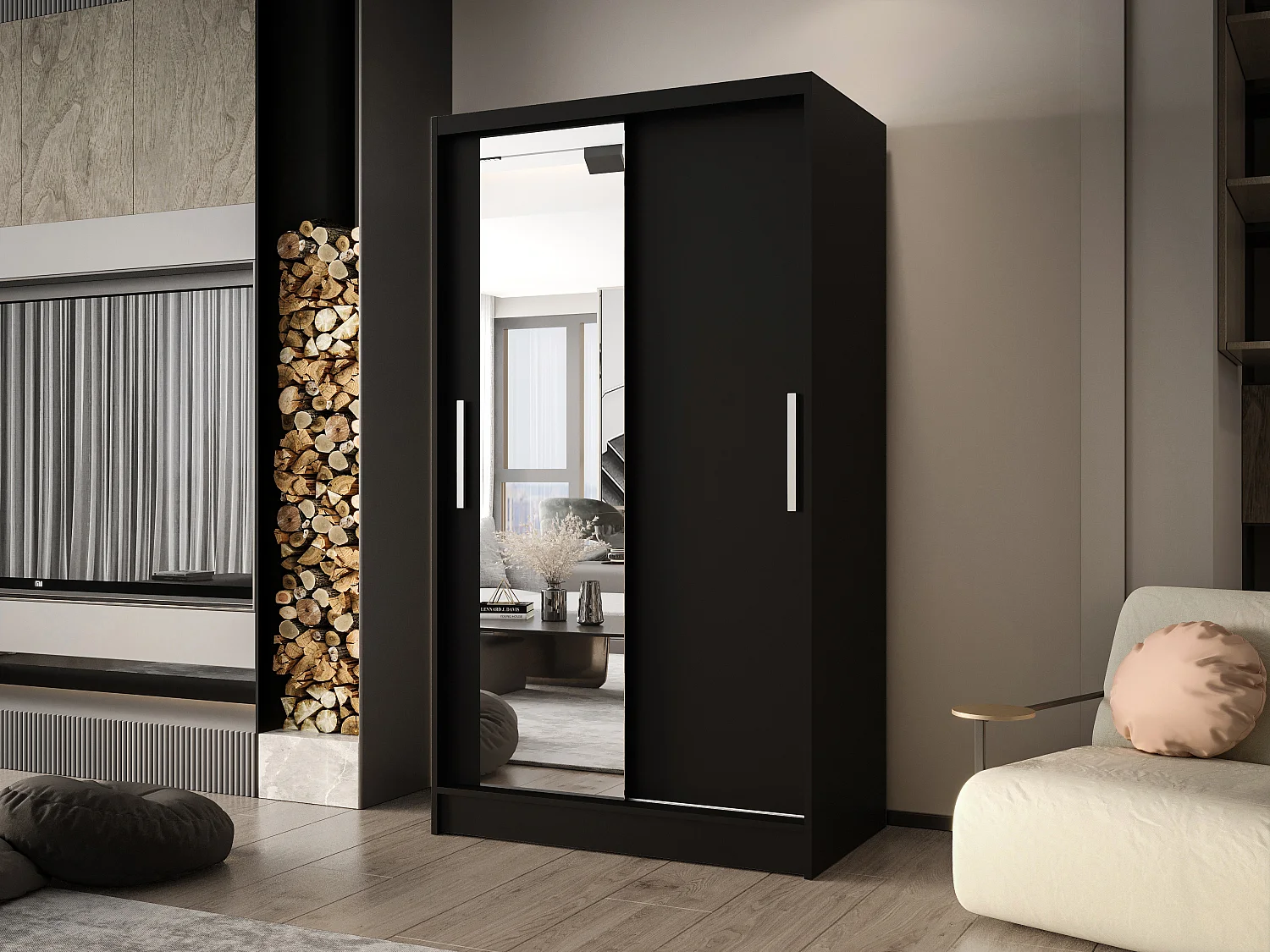 Zweitüriger Schiebeschrank mit Spiegel CHICAGO CA6, Regalböden und Kleiderstange (Schwarz)