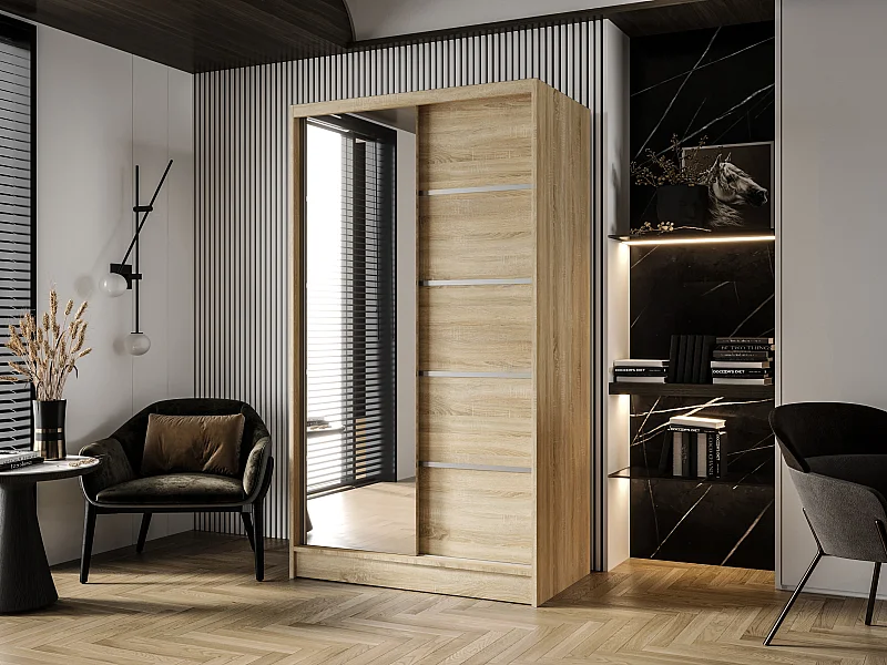 Zweitüriger Schiebeschrank mit Spiegel DETROIT D3, Regalböden und Kleiderstange (Sonoma)