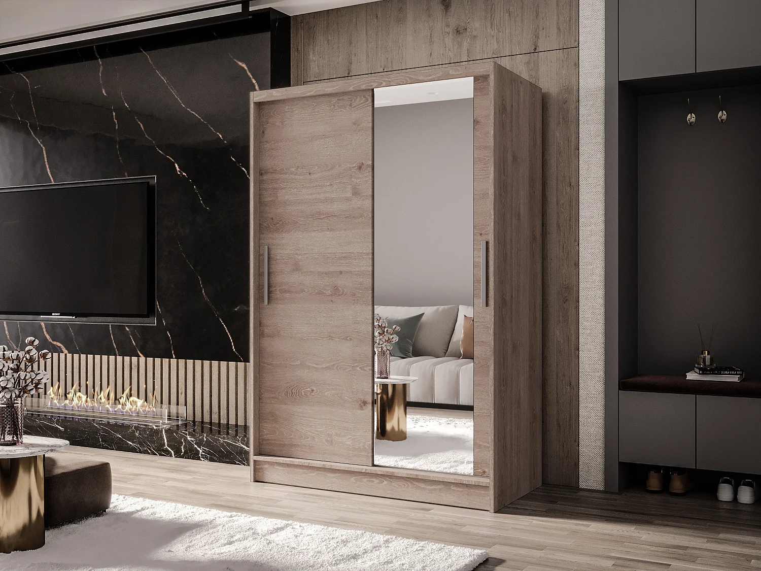 Zweitüriger Schiebeschrank mit Spiegel MESA M6 Truffle mit Regalböden und Kleiderstange