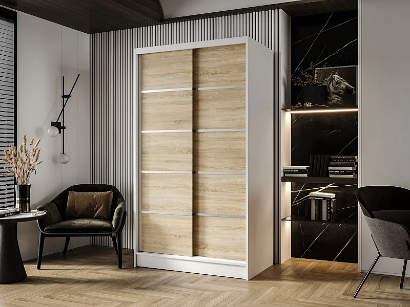 Zweitüriger Schiebeschrank DETROIT D4, Regalböden und Kleiderstange (Weiß/Sonoma)