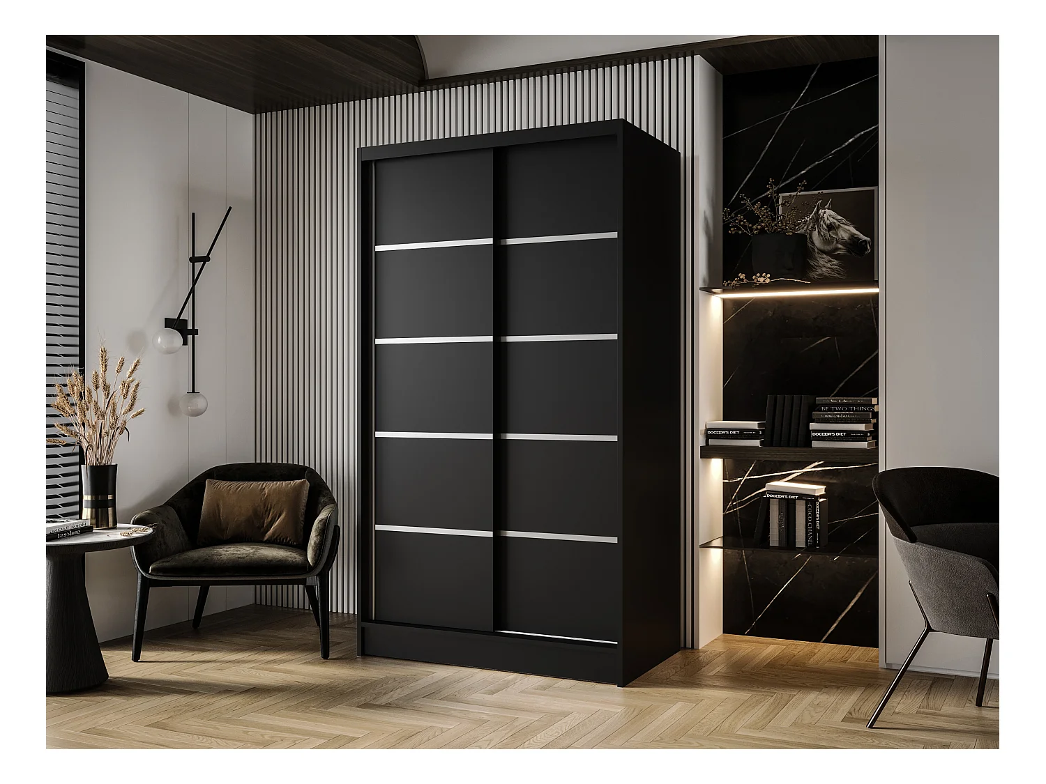 Zweitüriger Schiebeschrank DETROIT D4, Regalböden und Kleiderstange (Schwarz)