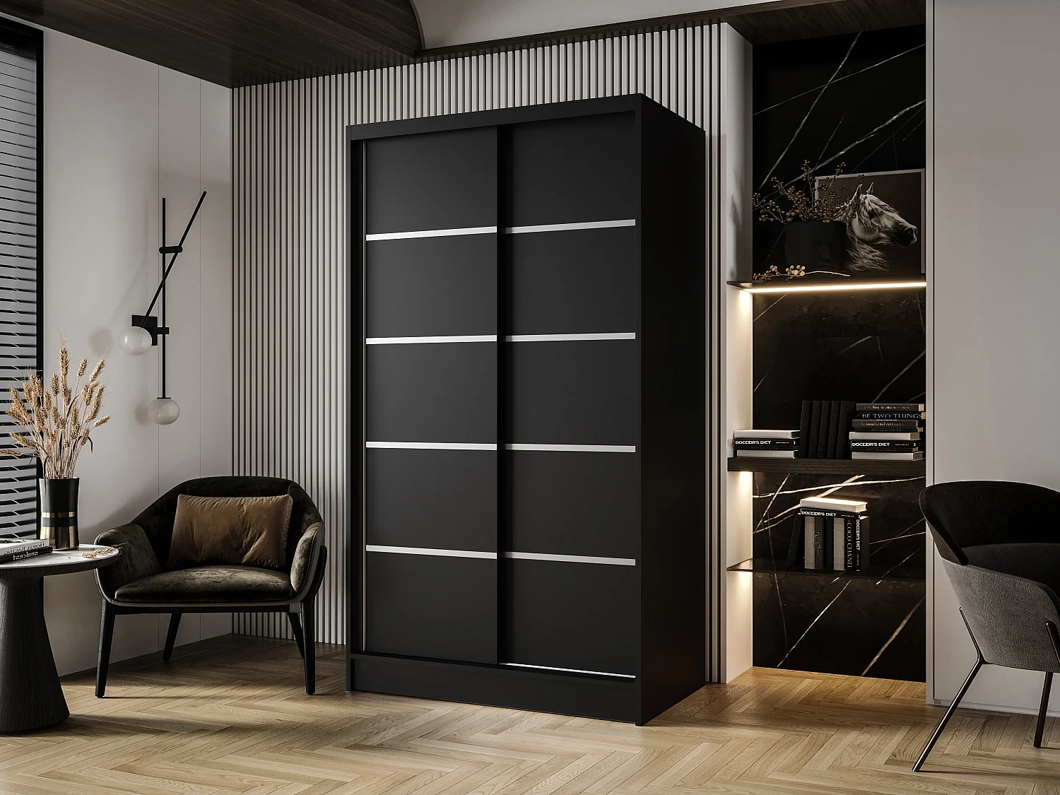 Zweitüriger Schiebeschrank DETROIT D4, Regalböden und Kleiderstange (Schwarz)