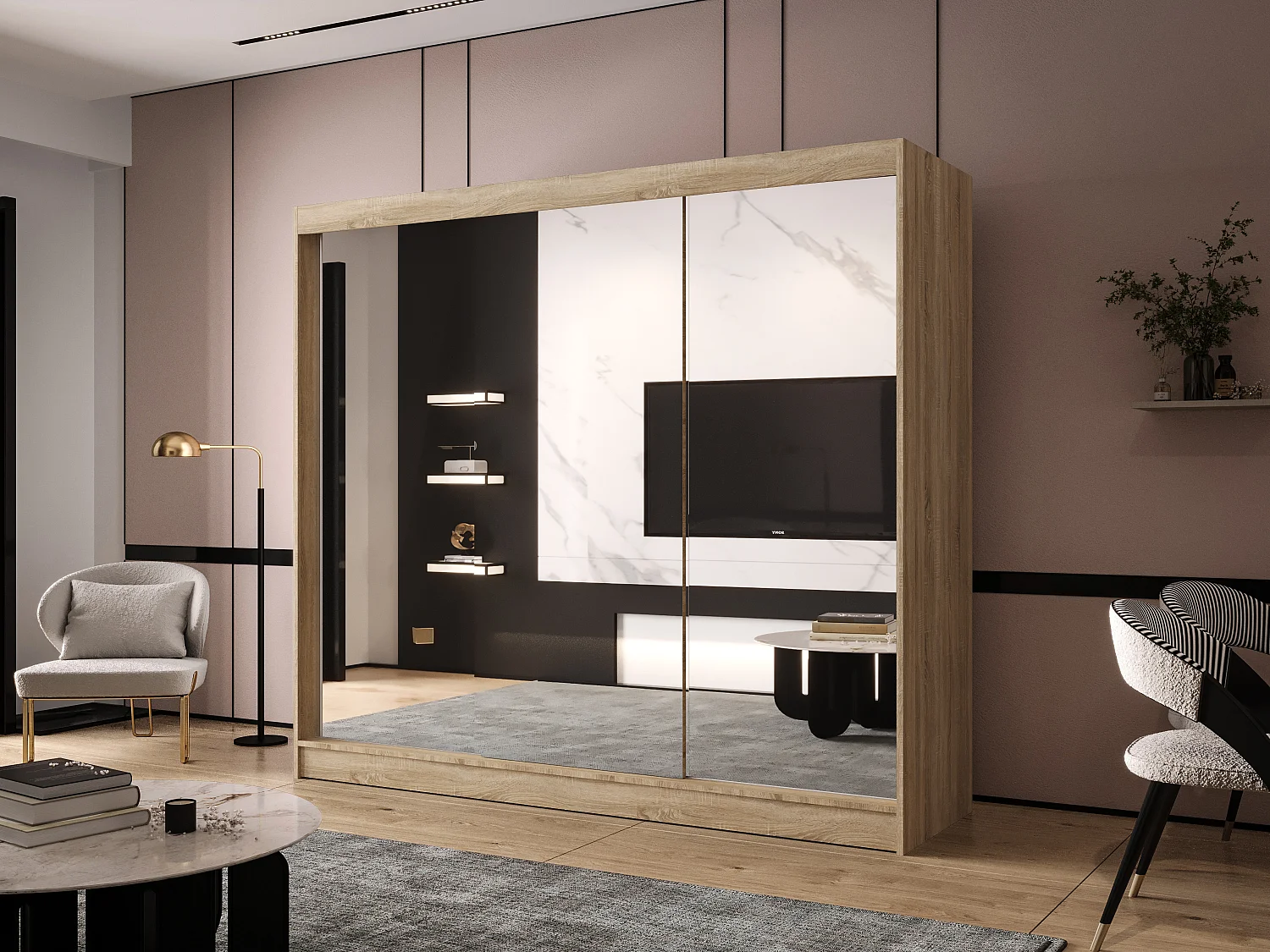 Dreitüriger Schiebeschrank mit Spiegel DALLAS DY3, Regalböden und Kleiderstange (Sonoma)