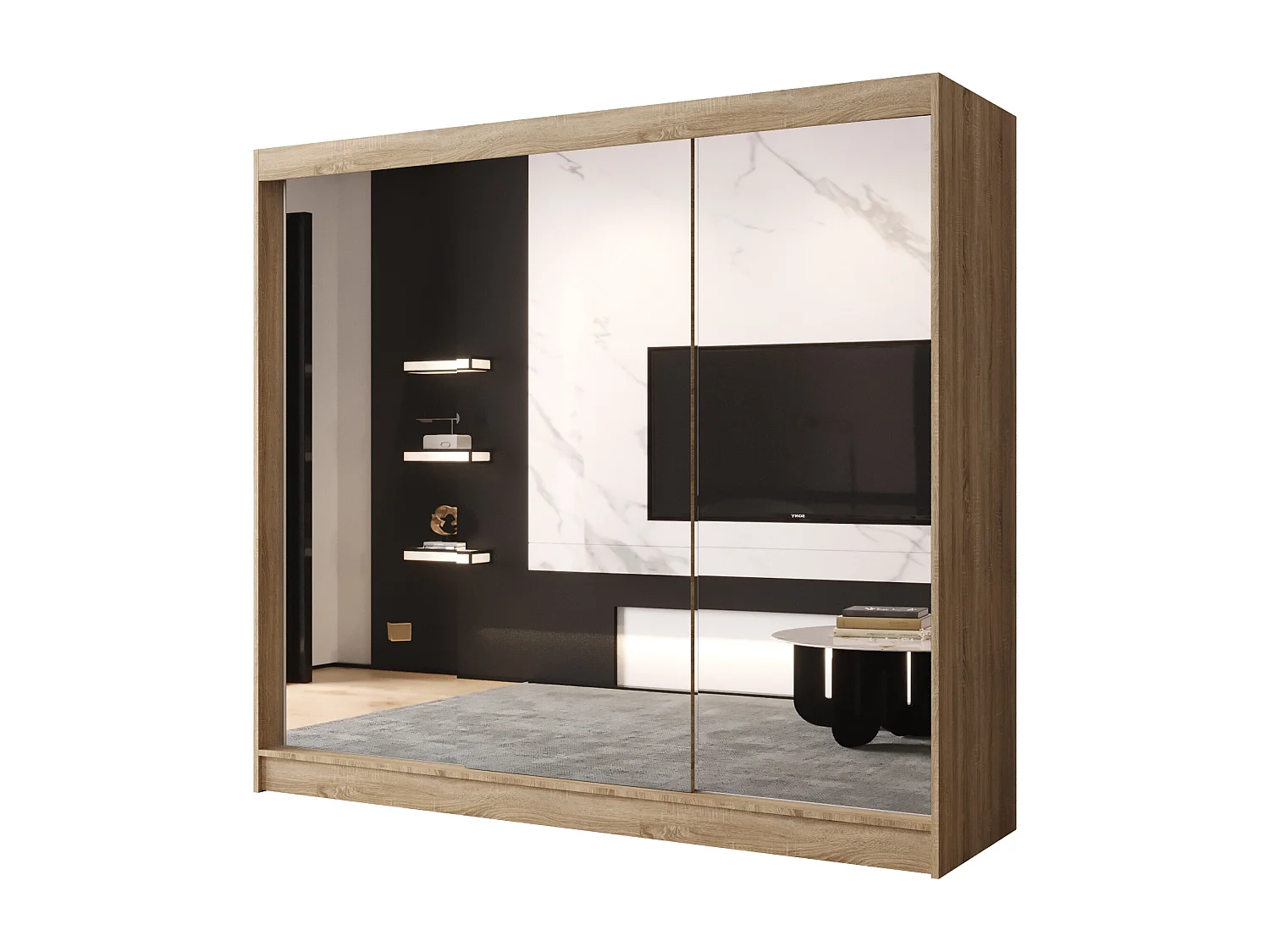 Dreitüriger Schiebeschrank mit Spiegel DALLAS DY3, Regalböden und Kleiderstange (Sonoma)