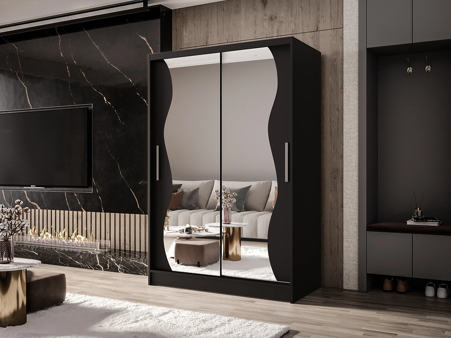 Zweitüriger Schiebeschrank mit Spiegel MESA MS Schwarz mit Regalböden und Kleiderstange