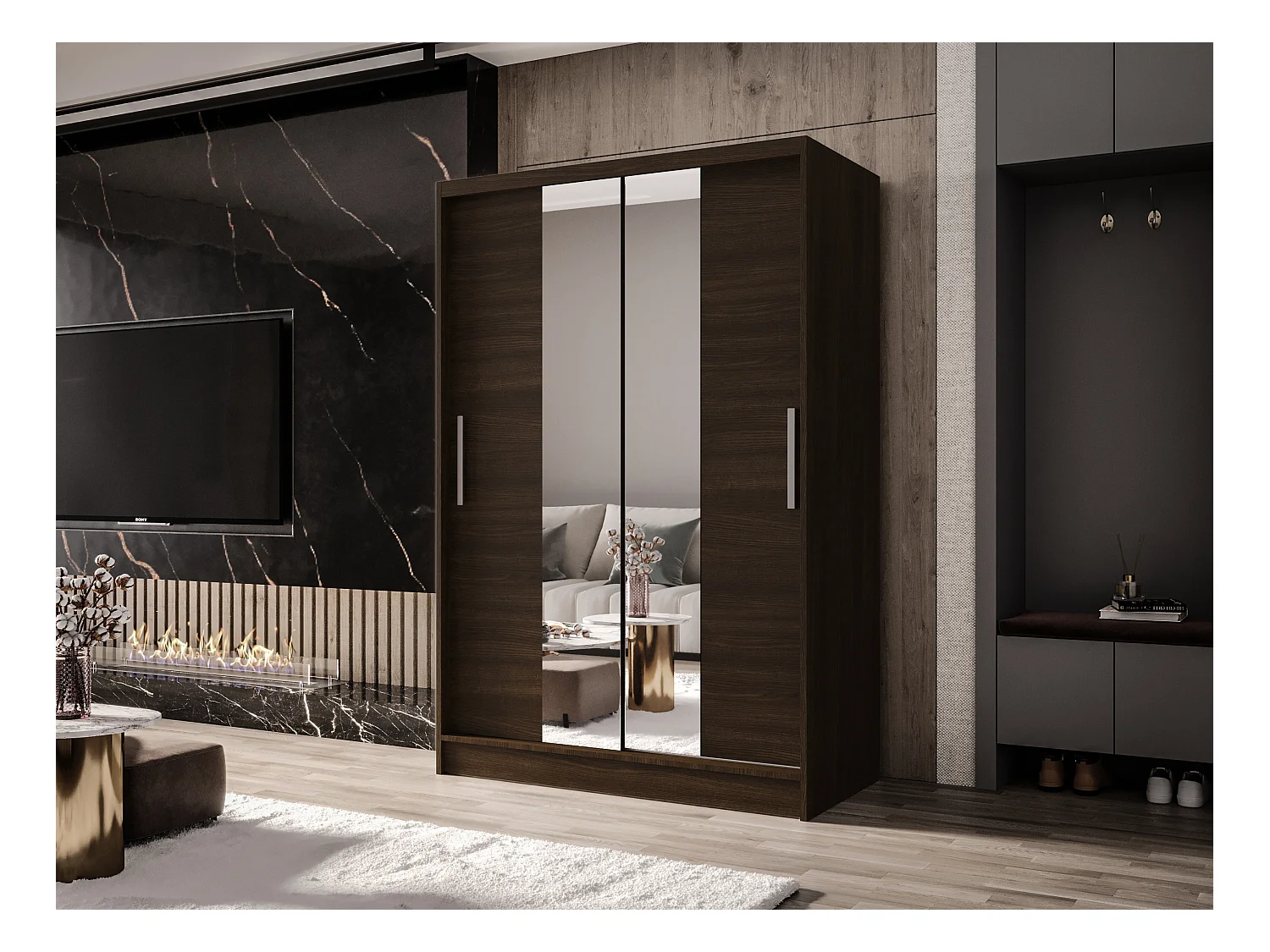 Zweitüriger Schiebeschrank mit Spiegel MESA M2 Choco mit Regalböden und Kleiderstange