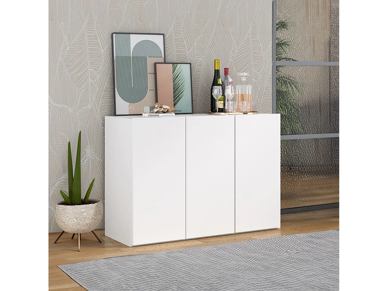 Buyqualia Aparador Moderno de 3 Puertas, Color Blanco, 90 cm de Ancho