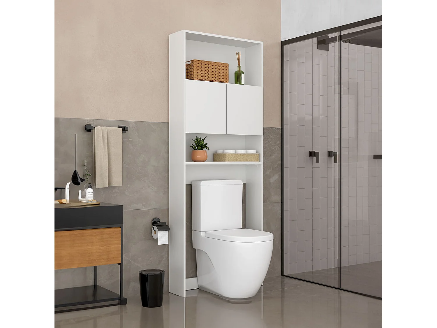 Étagère de salle de bain contemporaine Lois, mélamine blanche, 2 portes et étagères