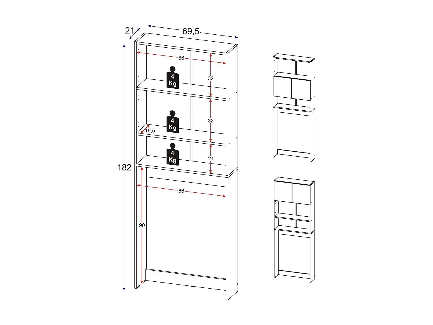 Étagère de salle de bain contemporaine Lois, mélamine blanche, 2 portes et étagères
