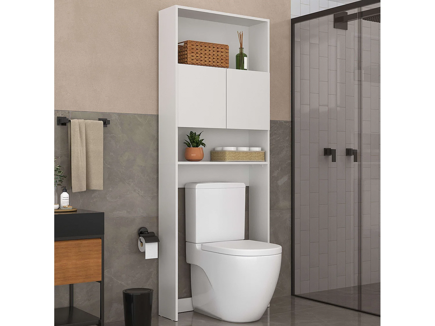 Étagère de salle de bain contemporaine Lois, mélamine blanche, 2 portes et étagères