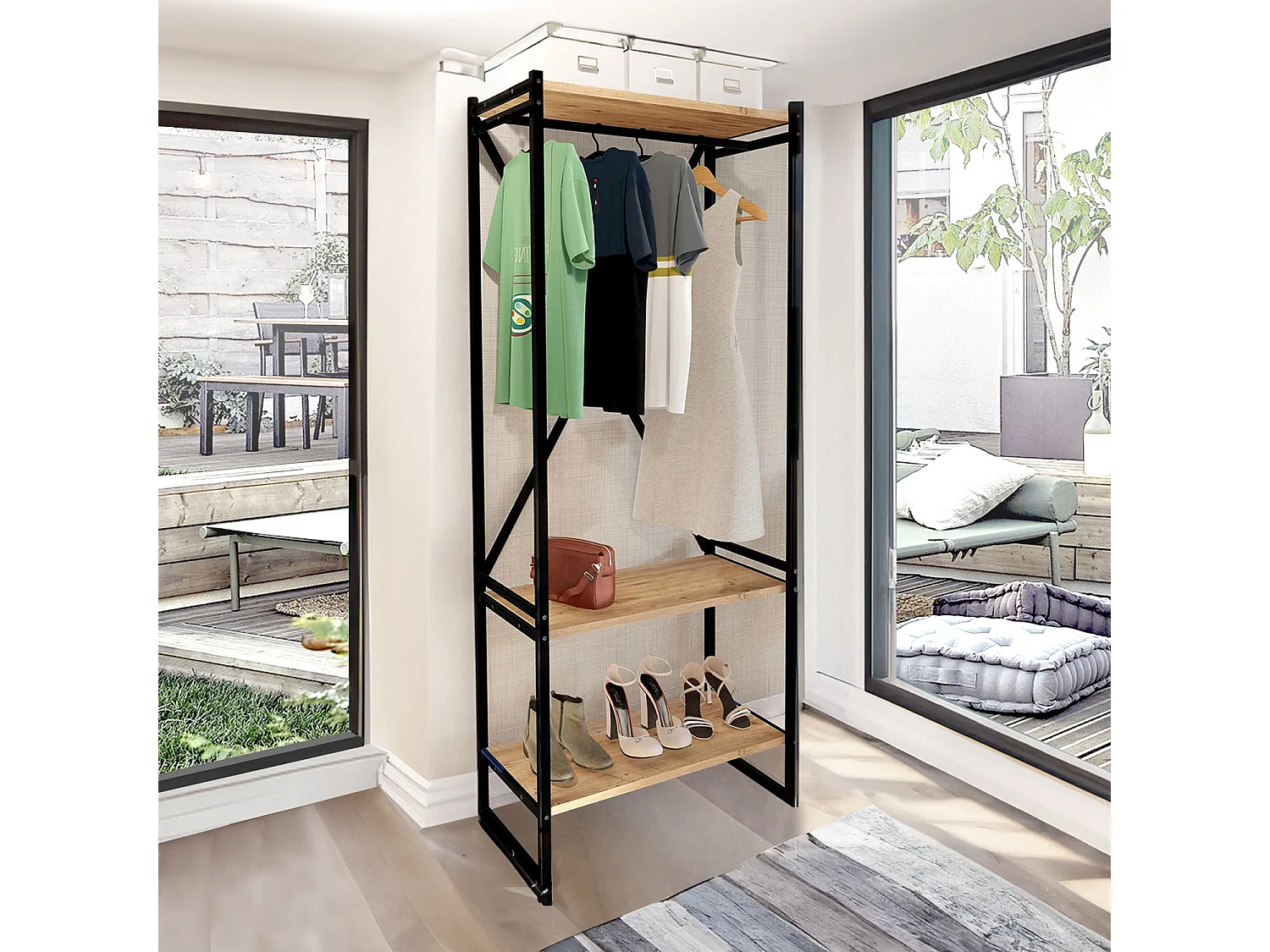 Mueble recibidor de Estilo Industrial con estantes y Barra para Colgar en melamina y Estructura de Acero en Negro (Alto 160 / Ancho 66 / Fondo 34) cm - Buyqualia