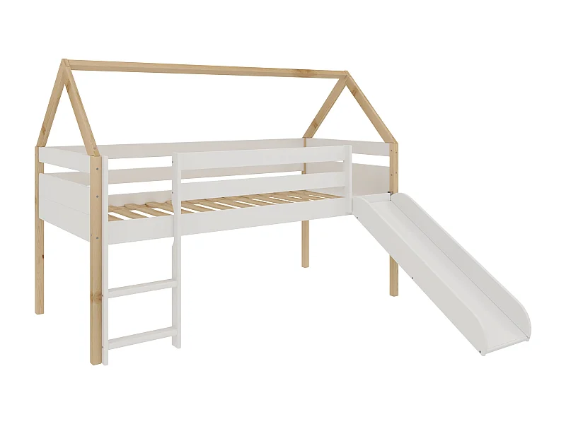 Cama infantil estilo casita con Tobogán y Escalera - Para colchón de 90 - (Blanco y Madera) - Buyqualia