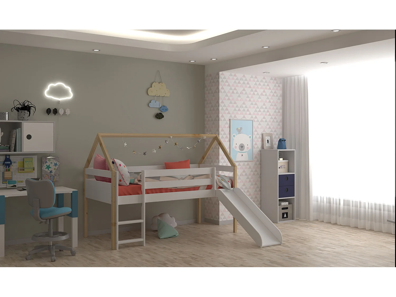 Cama infantil estilo casita con Tobogán y Escalera - Para colchón de 90 - (Blanco y Madera) - Buyqualia