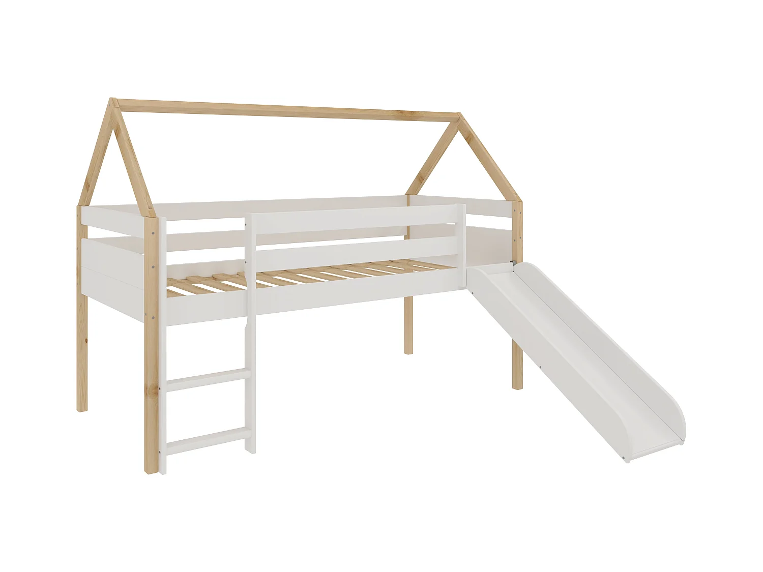 Cama infantil estilo casita con Tobogán y Escalera - Para colchón de 90 - (Blanco y Madera) - Buyqualia