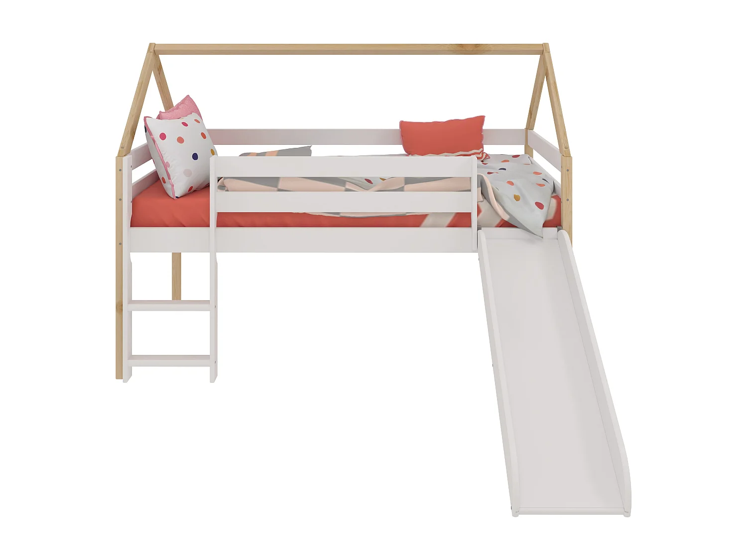 Cama infantil estilo casita con Tobogán y Escalera - Para colchón de 90 - (Blanco y Madera) - Buyqualia