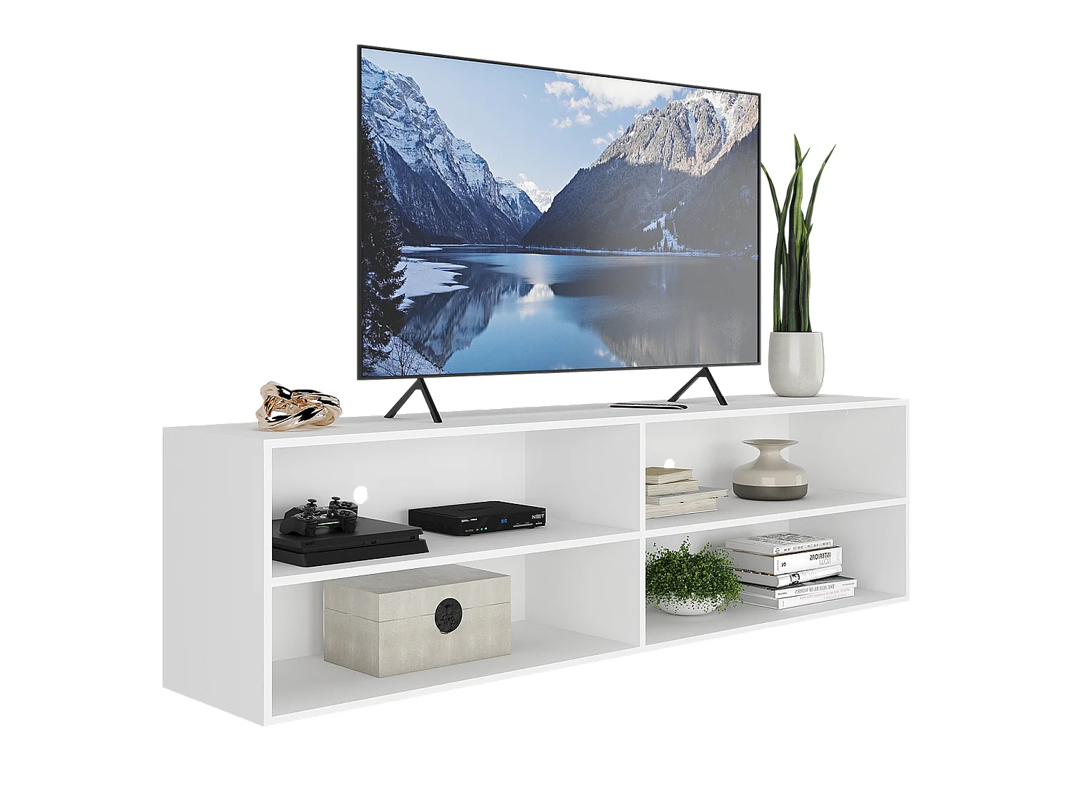 Mueble para TV con 4 Estantes Abiertos, Color Blanco Snow - Buyqualia