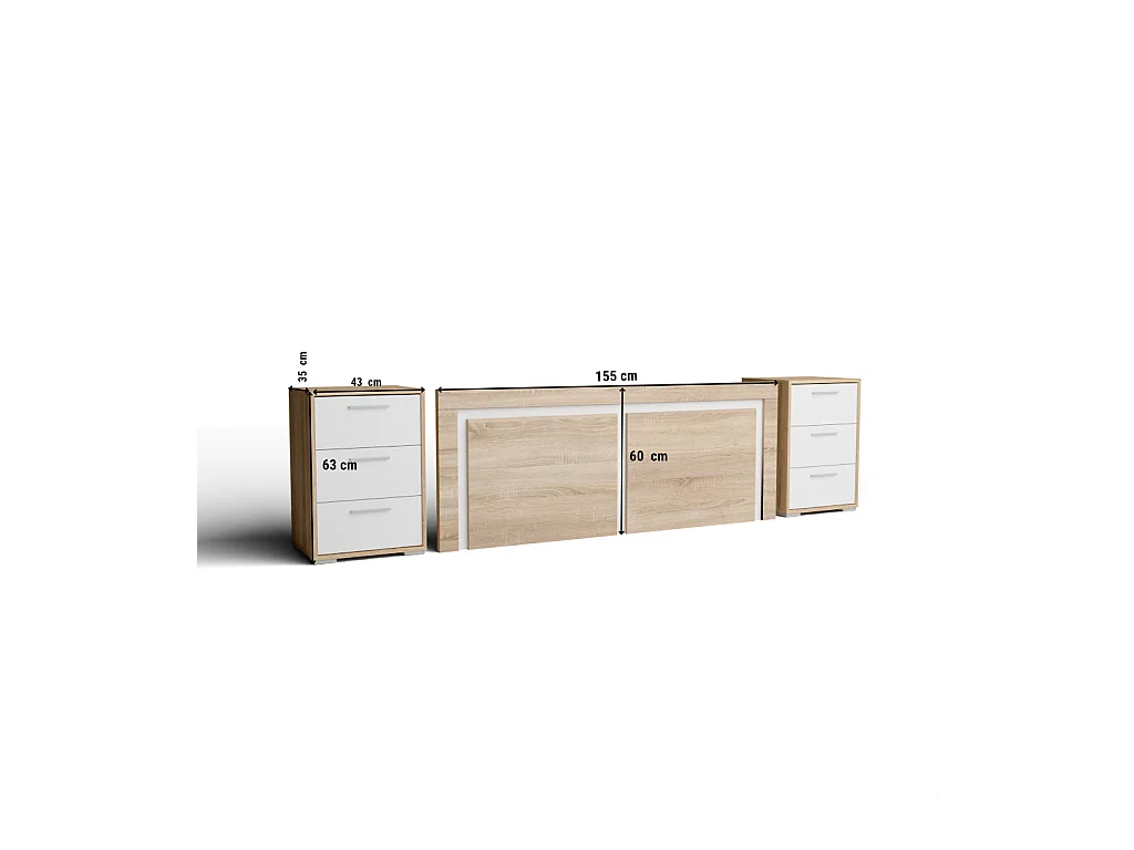 Cabecero de 155x60cm para Camas de 135 a 150 y Dos mesitas de Noche (Pata Baja, 3 Cajones) - Buyqualia