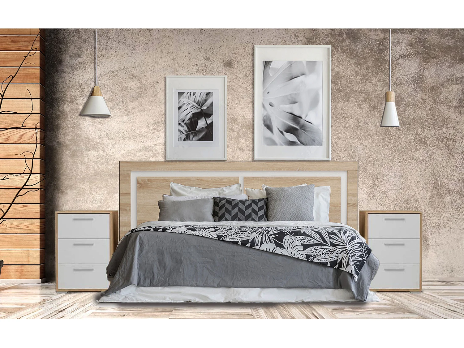 Cabecero de 155x60cm para Camas de 135 a 150 y Dos mesitas de Noche (Pata Baja, 3 Cajones) - Buyqualia