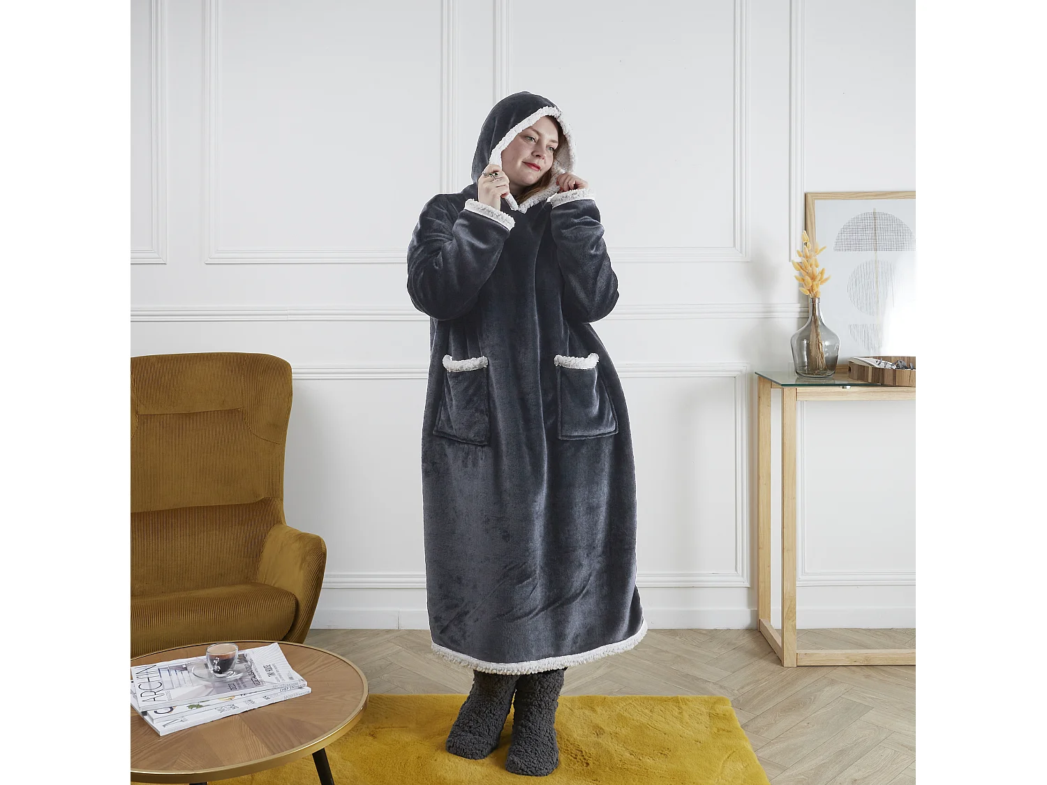 Sweat Plaid Long Gris Int Sherpa Gris