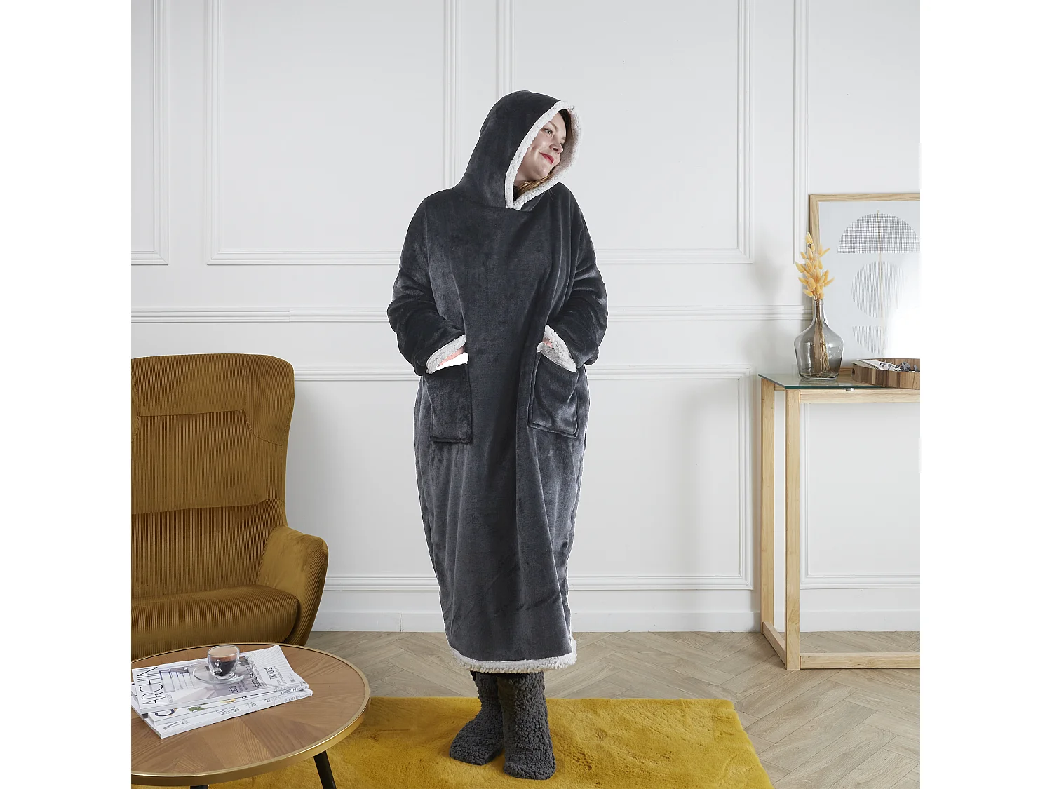 Sweat Plaid Long Gris Int Sherpa Gris