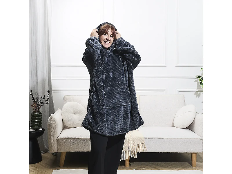 Sweat Plaid Imitation Fourrure Chevron Gris Fonce Gris