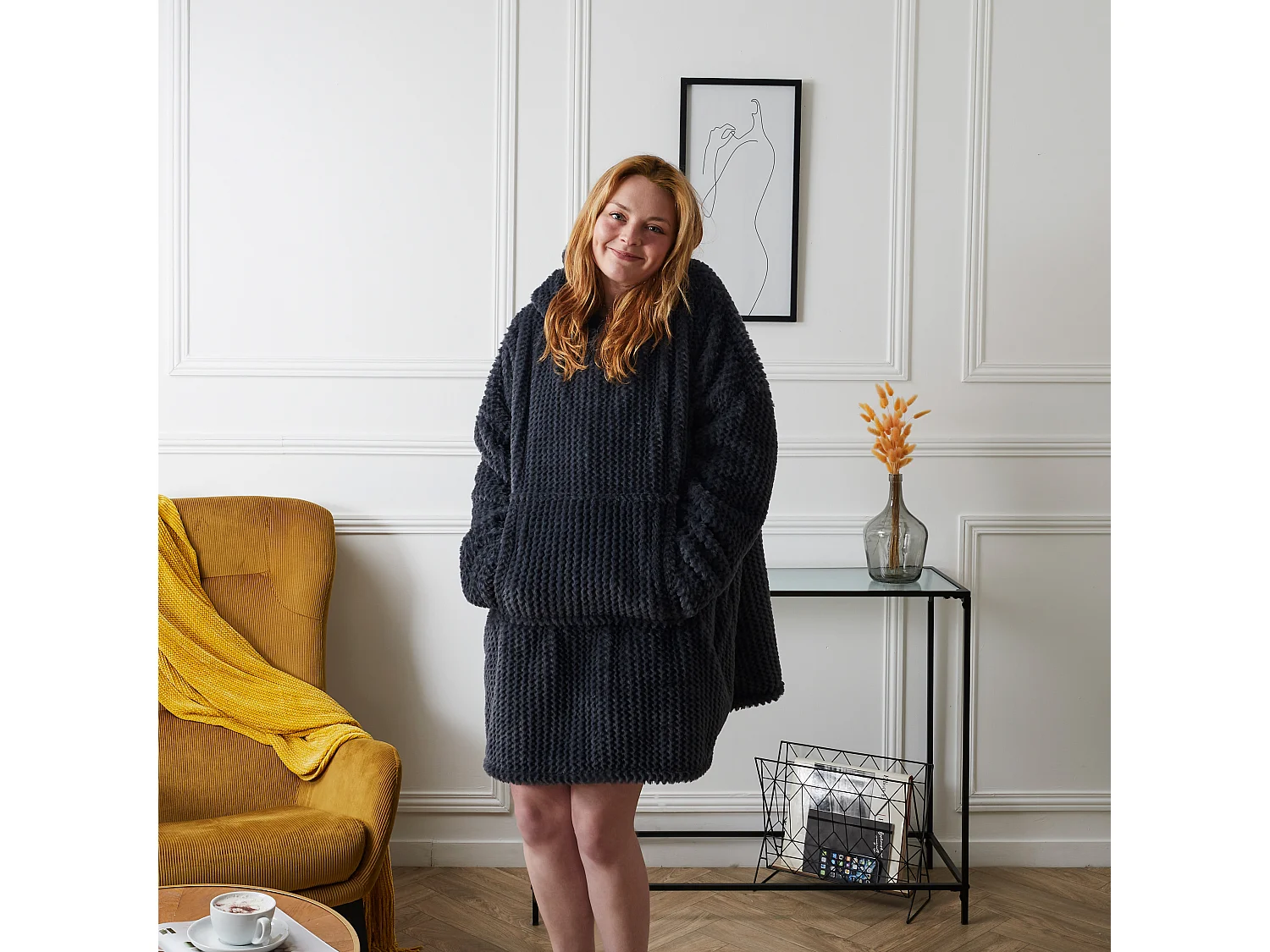 Sweat Plaid Imitation Fourrure Chevron Gris Fonce Gris