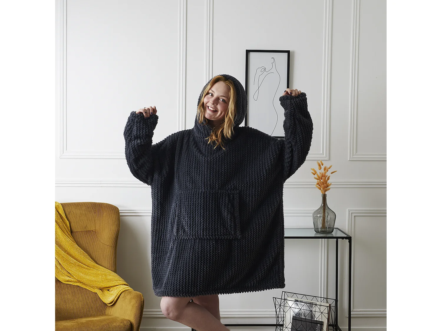 Sweat Plaid Imitation Fourrure Chevron Gris Fonce Gris