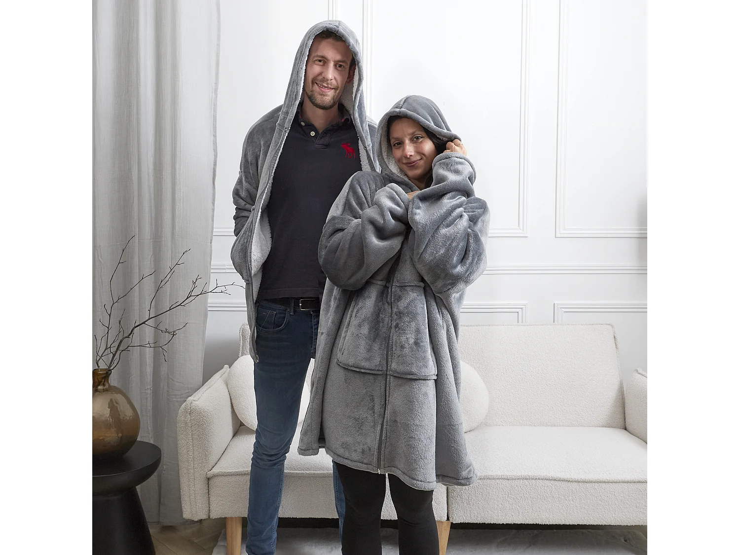 Sweat A Capuche Fermeture Interieur Sherpa Gris Gris, Blanc