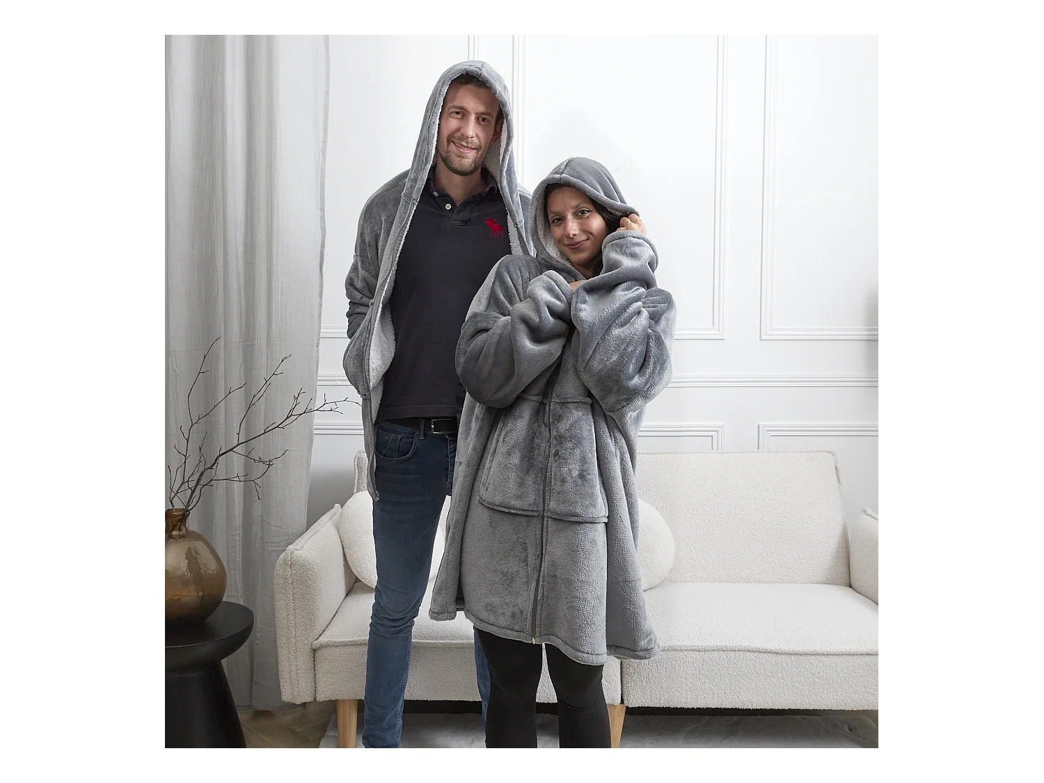 Sweat A Capuche Fermeture Interieur Sherpa Gris Gris, Blanc